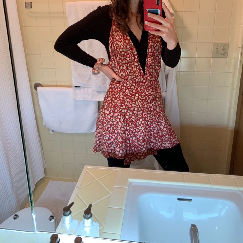 Reformation red floral wrap mini dress Large